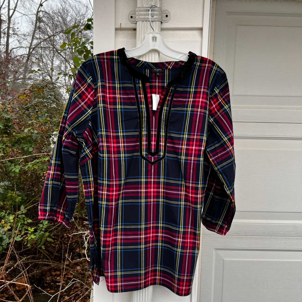 NWT Talbots Pretty Black Multicolored Plaid Velvet Trim Blouse